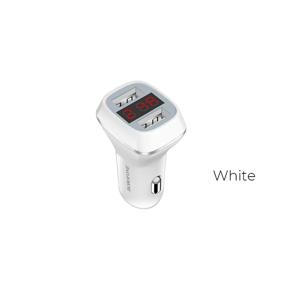 ⁨Borofone - 2x USB car charger with LCD display, white⁩ at Wasserman.eu