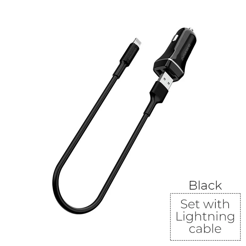 ⁨Borofone - ładowarka samochodowa 2x USB kabel Lightning w zestawie, czarny⁩ w sklepie Wasserman.eu