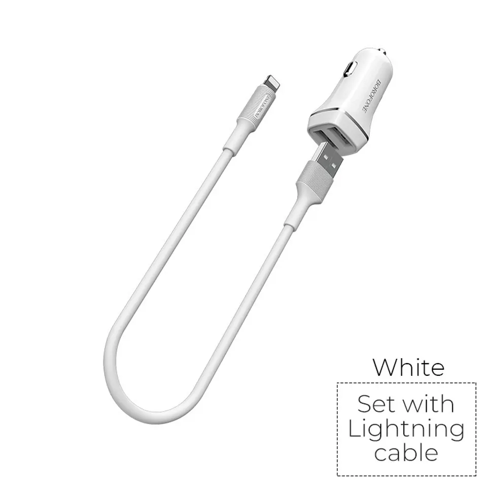 ⁨Borofone - ładowarka samochodowa 2x USB kabel Lightning w zestawie, biały⁩ w sklepie Wasserman.eu