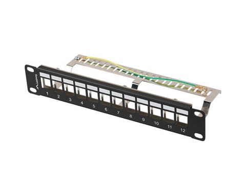⁨Patch Panel 12 Port 1U 10 cali FTP z organizatorem do modułów      keystone czarny⁩ w sklepie Wasserman.eu