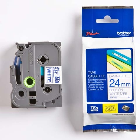 ⁨Brother oryginalny taśma do drukarek etykiet, Brother, TZE-253, niebieski druk/biały podkład, laminowane, 8m, 24mm⁩ w sklepie Wasserman.eu