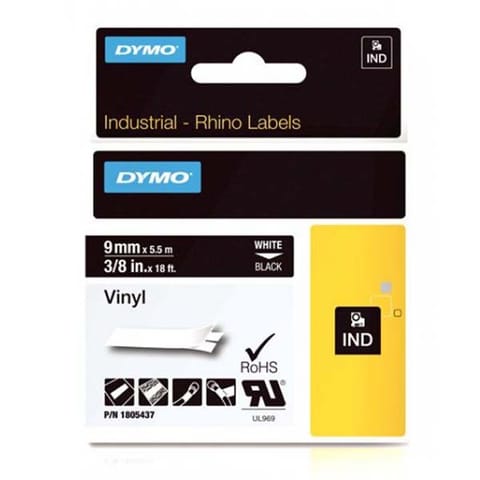 ⁨Dymo oryginalny taśma do drukarek etykiet, Dymo, 1805437, biały druk/czarny podkład, 5.5m, 9mm, RHINO winylowa D1⁩ w sklepie Wasserman.eu