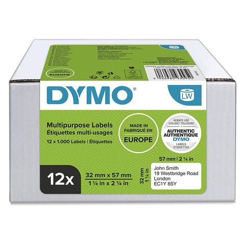 ⁨Dymo etykiety papierowe 57mm x 32mm, białe, uniwersalne, usuwalne, 12 x 1000 szt., 2093095, op. 12 rolek, cena za 1 szt⁩ w sklepie Wasserman.eu
