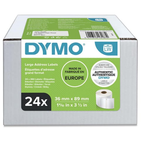 ⁨Dymo etykiety papierowe 89mm x 36mm, białe, duże, 24 x 260 szt., S0722390, op. 24 rolki, cena za 1 szt⁩ w sklepie Wasserman.eu