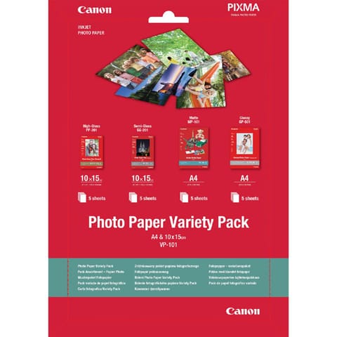 ⁨Canon Photo Paper Variety Pack VP-101, VP-101, foto papier, 5x PP201, 5x SG201 (10x15cm), 5x MP101, 5x GP501 ( typ połysk, 0775B07⁩ w sklepie Wasserman.eu