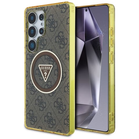 ⁨Etui Guess 4G Glitter Triangle Buttons   MagSafe do Samsung Galaxy S25 Ultra brązowy⁩ w sklepie Wasserman.eu
