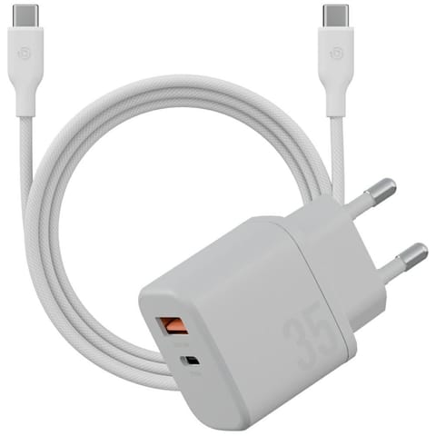 ⁨Ładowarka sieciowa Bazic Goport Velox    Kit 1xUSB-C 1xUSB-A GaN 35W z kablem plecionym biały⁩ w sklepie Wasserman.eu