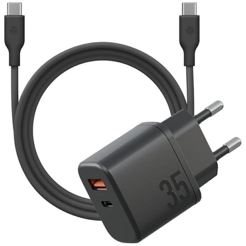 ⁨Ładowarka sieciowa Bazic Goport Velox    Kit 1xUSB-C 1xUSB-A GaN 35W z kablem plecionym czarny⁩ w sklepie Wasserman.eu