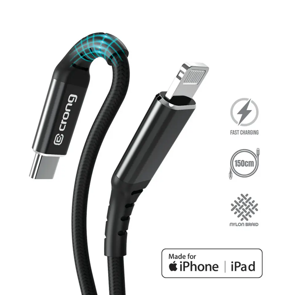 ⁨Crong Armor Link - Kabel USB-C Lightning Fast Charging z certyfikat MFi 150cm (czarny)⁩ w sklepie Wasserman.eu