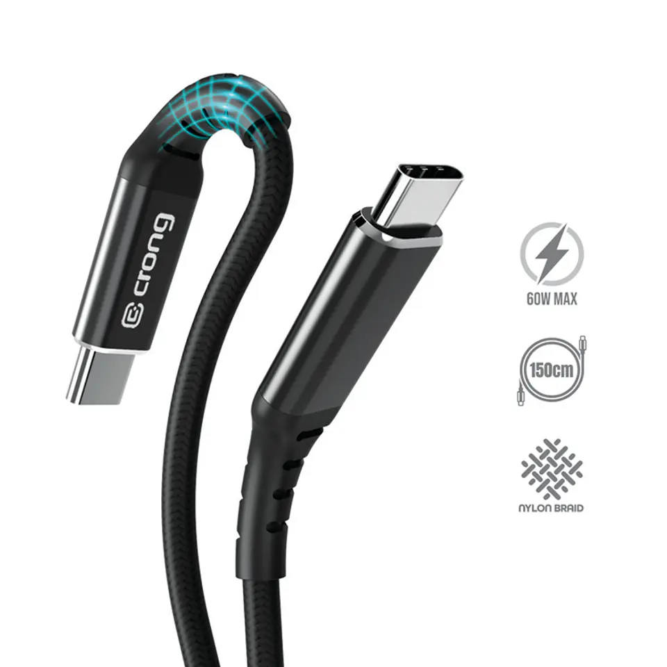 ⁨Crong Armor Link - Kabel 60W 3A USB-C do USB-C Power Delivery Fast Charging 150cm (czarny)⁩ w sklepie Wasserman.eu