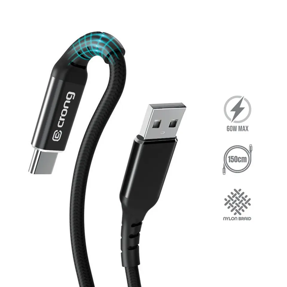 ⁨Crong Armor Link - Kabel 60W 3A USB-A do USB-C Power Delivery Fast Charging 150cm (czarny)⁩ w sklepie Wasserman.eu