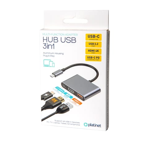 ⁨PLATINET USB-C 3.2 GEN2 10GB/S MEDIA HUB 3IN1 HDMI 4K  USB-A 3.2 USB-C PD 100W ALUMINUM [45984]⁩ at Wasserman.eu