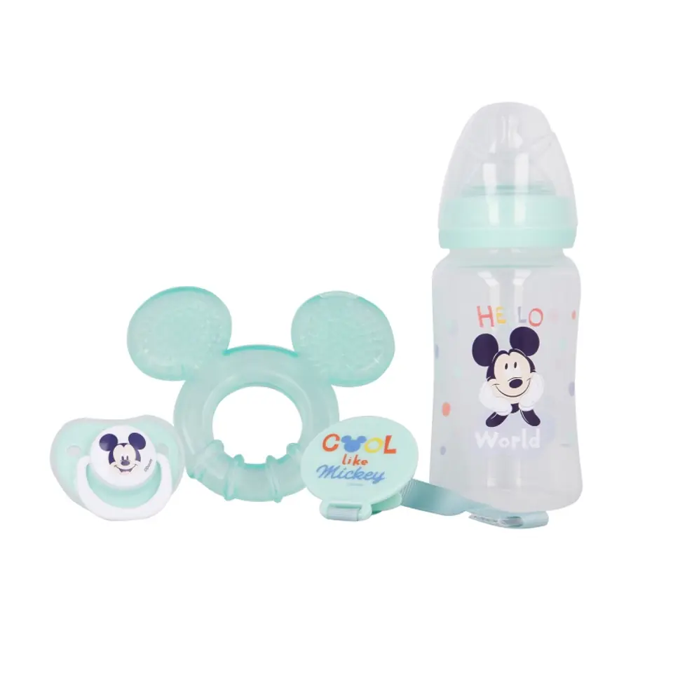 ⁨Mickey Mouse - Baby Kit (bottle behind nipple 240ml, anatomical pacifier, teether, chew holder) (Cool)⁩ at Wasserman.eu