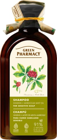 ⁨GREEN PHARMACY Szampon do wrażliwej skóry głowy Żeń-szeń i Marokański olej miętowy 350 ml⁩ w sklepie Wasserman.eu