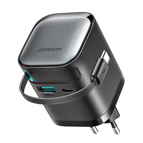 ⁨Ładowarka sieciowa GaN 65W USB-A USB-C z wbudowanym kablem USB-C - czarna⁩ w sklepie Wasserman.eu