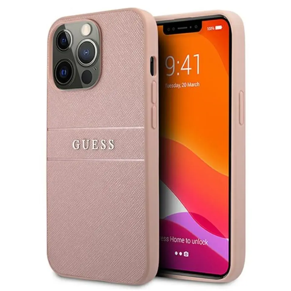 ⁨Guess Saffiano Metal Logo Stripes - iPhone 13 Pro Max Case (Pink)⁩ at Wasserman.eu