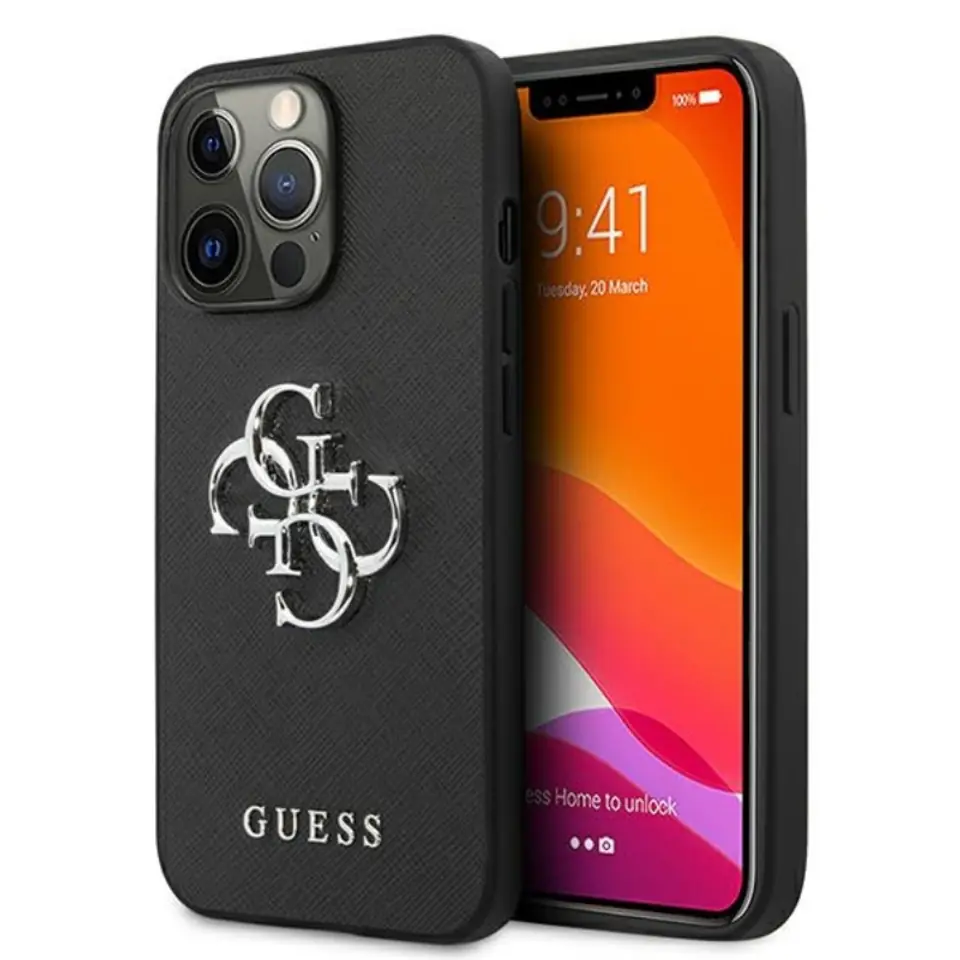 ⁨Guess Saffiano 4G Big Silver Logo - Etui iPhone 13 Pro (czarny)⁩ w sklepie Wasserman.eu