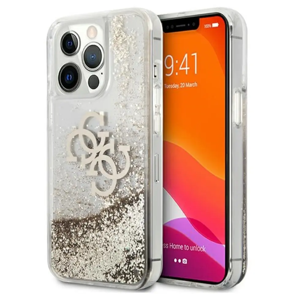 ⁨Guess Liquid Glitter 4G Big Logo - iPhone 13 Pro Max Case (Gold)⁩ at Wasserman.eu