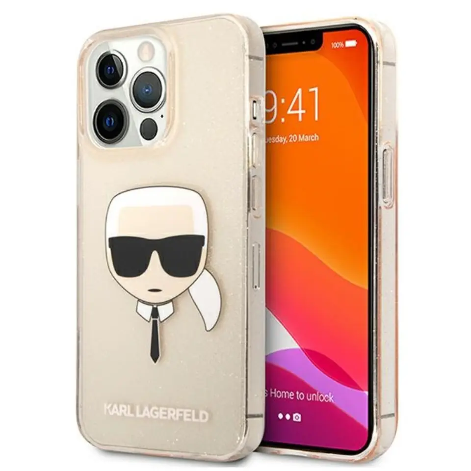 ⁨Karl Lagerfeld Karl’s Head Glitter - Etui iPhone 13 Pro (złoty)⁩ w sklepie Wasserman.eu