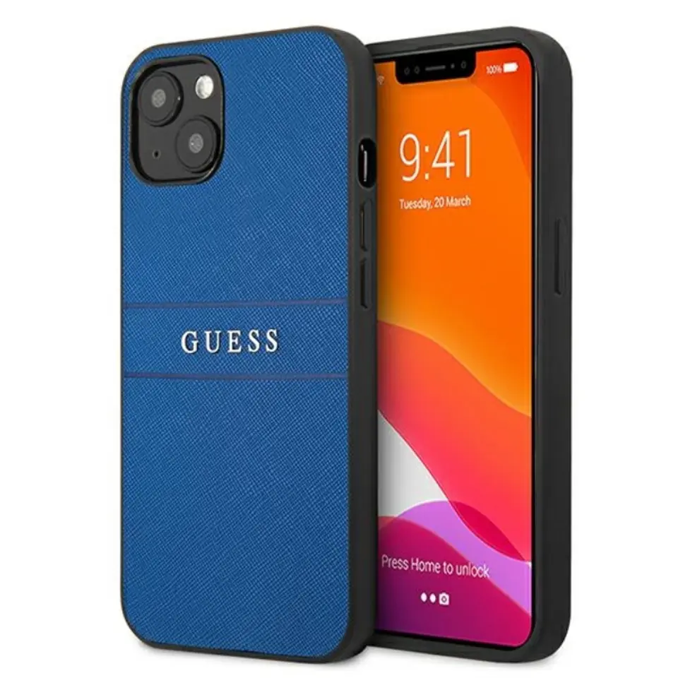 ⁨Guess Saffiano Metal Logo Stripes - iPhone 13 mini Case (Blue)⁩ at Wasserman.eu