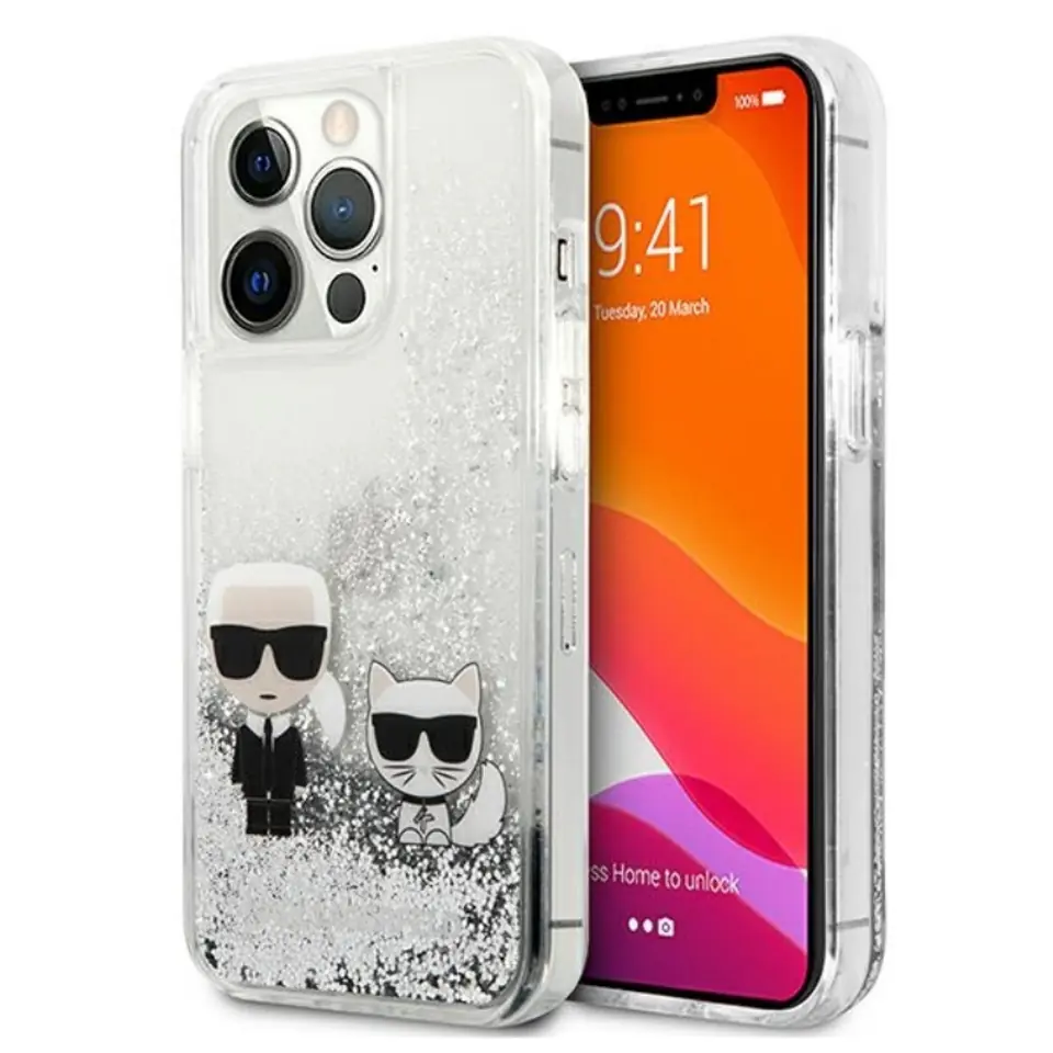 ⁨Karl Lagerfeld Liquid Glitter Karl & Choupette - Etui iPhone 13 Pro Max (srebrny)⁩ w sklepie Wasserman.eu