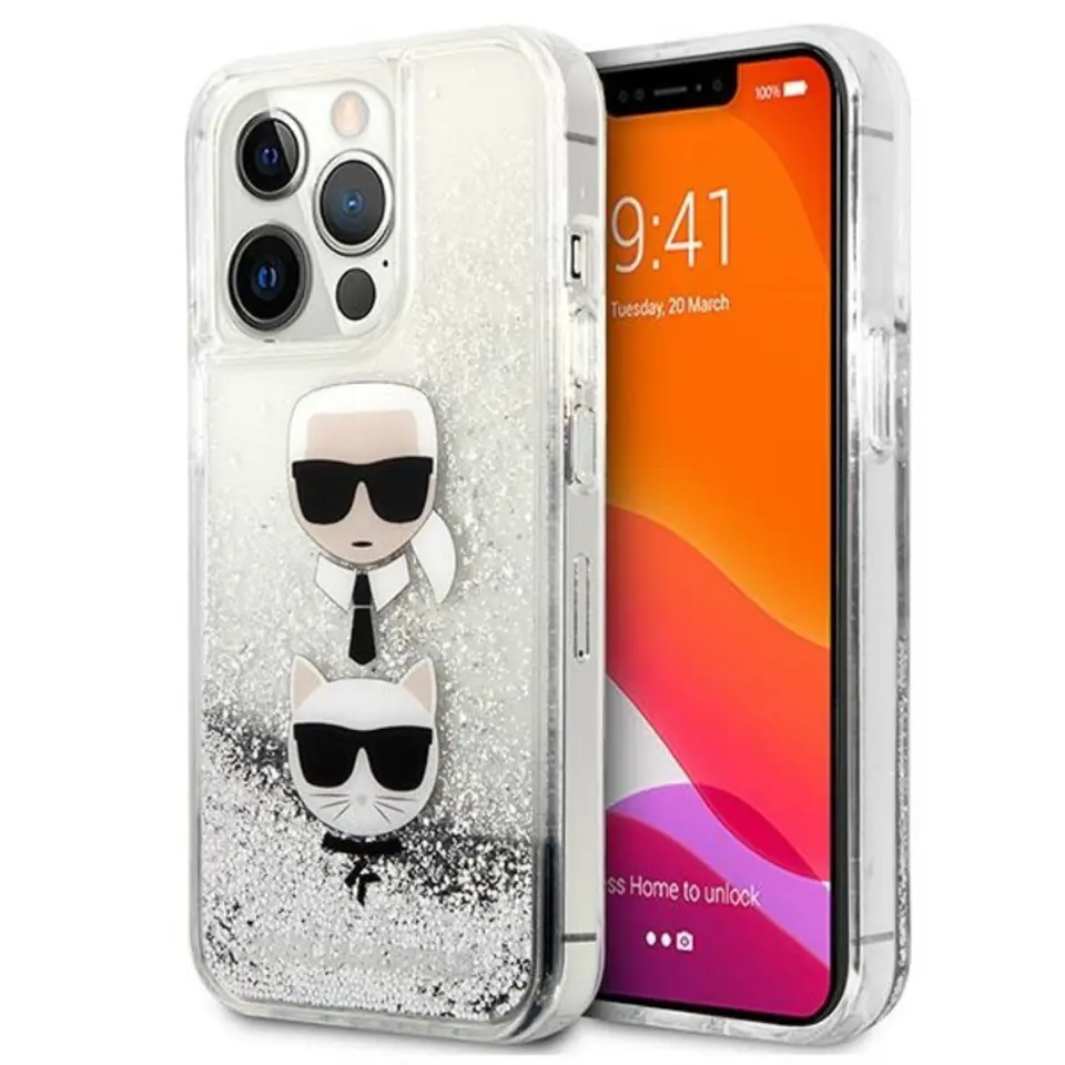 ⁨Karl Lagerfeld Liquid Glitter Karl & Choupette Head - Etui iPhone 13 Pro Max (srebrny)⁩ w sklepie Wasserman.eu