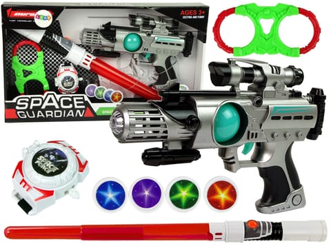 ⁨Zestaw Wojownika Kosmosu Pistolet Laserowy Miecz Świetlny Kajdanki Miotacz Dysków⁩ w sklepie Wasserman.eu