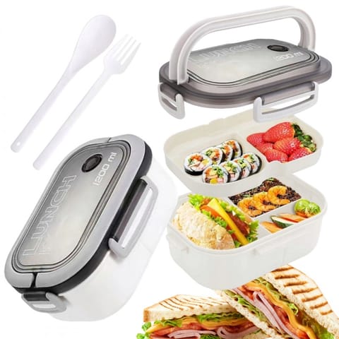 ⁨Śniadaniówka LUNCH BOX ze sztućcami 21 x 14,5 x 8cm biały PJM44B⁩ w sklepie Wasserman.eu