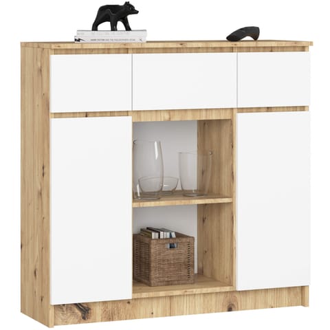 ⁨KOMODA 101 cm 2 DRZWI 3 SZUFLADY 6 PÓŁEK DĄB ARTISAN / BIAŁY PK⁩ w sklepie Wasserman.eu