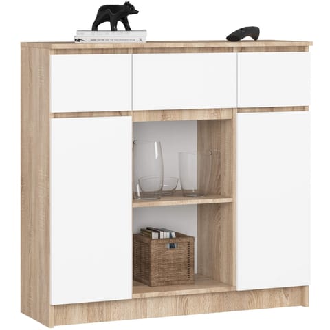 ⁨KOMODA 101 cm 2 DRZWI 3 SZUFLADY 6 PÓŁEK DĄB SONOMA / BIAŁY PK⁩ w sklepie Wasserman.eu