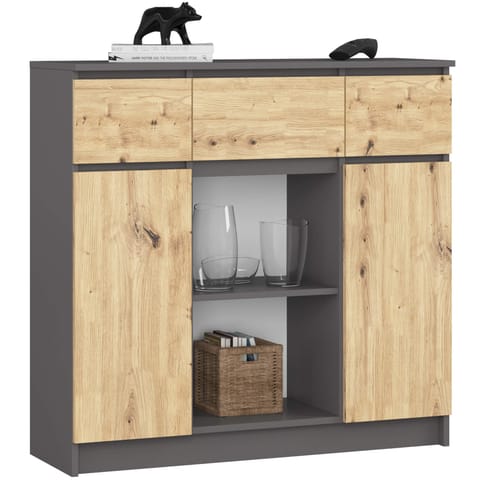 ⁨KOMODA 101 cm 2 DRZWI 3 SZUFLADY 6 PÓŁEK GRAFIT SZARY / DĄB ARTISAN PK⁩ w sklepie Wasserman.eu