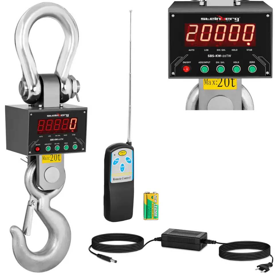 Suspended storage hook scale with LED remote control up to 20000 kg at Wasserman.eu