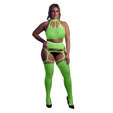 ⁨Ouch! Neon Body dwuczęściowe z topem i pończochami XL-XXXXL UV roż⁩ w sklepie Wasserman.eu