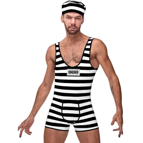 ⁨Male Power Kostium więzienny L/XL z czapką, jednoczęściowy, czarno-biały⁩ w sklepie Wasserman.eu