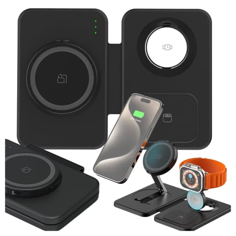 ⁨Ładowarka indukcyjna 3w1 składana Alogy MagCharge Foldable Pro do MagSafe do Apple iPhone Watch AirPods Czarna⁩ w sklepie Wasserman.eu