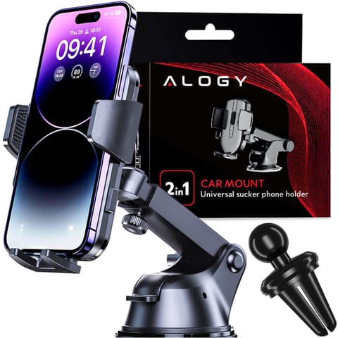 ⁨Uchwyt samochodowy do telefonu 2w1 Alogy na szybę do kratki na deskę rozdzielczą Czarny⁩ w sklepie Wasserman.eu