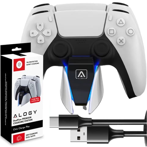 ⁨Podwójna stacja dokująca ładująca do kontrolera Pada do PlayStation 5 PS5 do 2 Padów Alogy Biała⁩ w sklepie Wasserman.eu