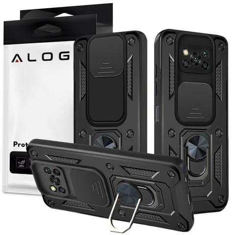 ⁨Etui z osłoną aparatu Alogy Camshield Stand Ring do Poco X3 Pro / NFC czarne⁩ w sklepie Wasserman.eu