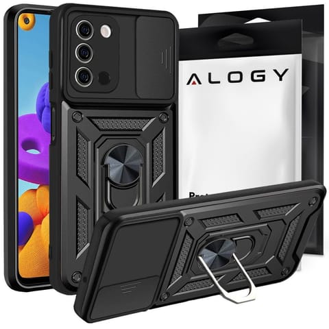 ⁨Etui z osłoną aparatu Alogy Camshield Stand Ring do Samsung Galaxy A03s 164mm czarne⁩ w sklepie Wasserman.eu