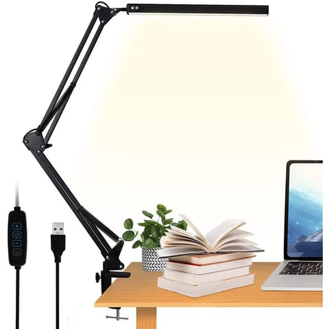 ⁨Lampa lampka biurkowa LED Kreślarska USB Alogy z regulowanym długim ramieniem do blatu biurka Czarna⁩ w sklepie Wasserman.eu