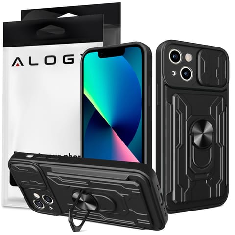 ⁨Etui pancerne Alogy Camshield Stand Ring Wallet z osłonką na aparat i miejscem na karty do Apple iPhone 14 czarne⁩ w sklepie Wasserman.eu