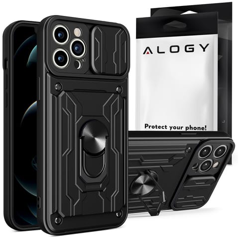 ⁨Etui pancerne Alogy Camshield Stand Ring Wallet z osłonką na aparat i miejscem na karty do Apple iPhone 14 Pro czarne⁩ w sklepie Wasserman.eu