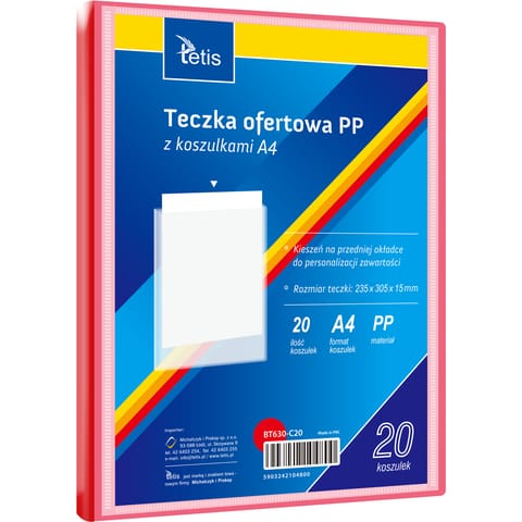 ⁨Teczka ofertowa A4 PP 20 koszulek CZERWONA BT630-C20 TETIS⁩ w sklepie Wasserman.eu