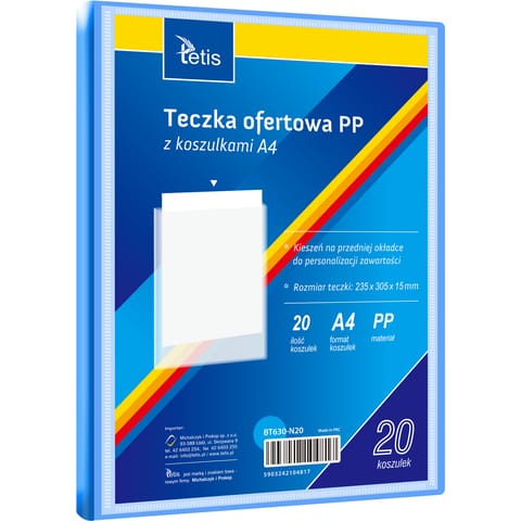 ⁨Teczka ofertowa A4 PP 20 koszulek NIEBIESKA BT630-N20 TETIS⁩ w sklepie Wasserman.eu
