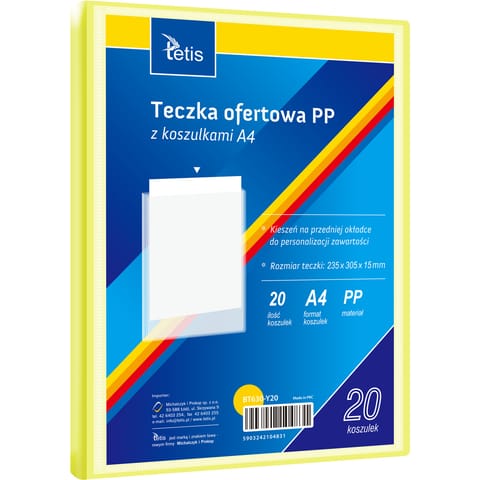 ⁨Teczka ofertowa A4 PP 20 koszulek ŻÓŁTA BT630-Y20 TETIS⁩ w sklepie Wasserman.eu