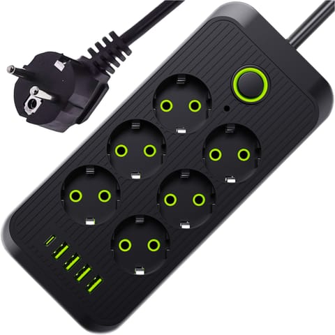 ⁨Przedłużacz Listwa zasilająca 6 gniazd gniazdka AC EU 4x USB + USB-C typ C gniazda 2500w Czarny⁩ w sklepie Wasserman.eu