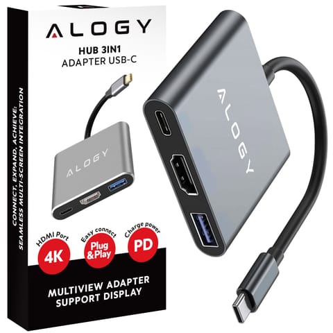 Adapter przejściówka HUB 3w1 USB-C na HDMI USB-A USB-C 4K 60Hz Alogy szary w sklepie Wasserman.eu