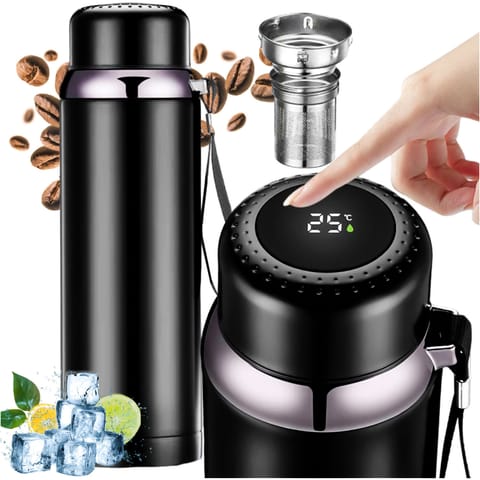 ⁨Termos butelka bidon termiczny 800ml do kawy herbaty yerba mate LED sitko smyczka Alogy wyświetlacz Czarny⁩ w sklepie Wasserman.eu