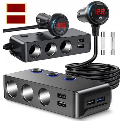 ⁨Rozdzielacz gniazda zapalniczki x3 samochodowy 4x USB QC 12-24V Ładowarka Adapter przełącznik 120W Alogy Czarny⁩ w sklepie Wasserman.eu