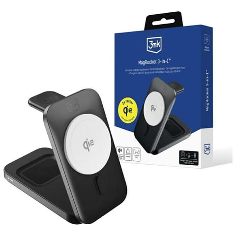 ⁨Ładowarka indukcyjna 3MK MagRocket 3w1   15W Qi2 MPP czarny⁩ w sklepie Wasserman.eu